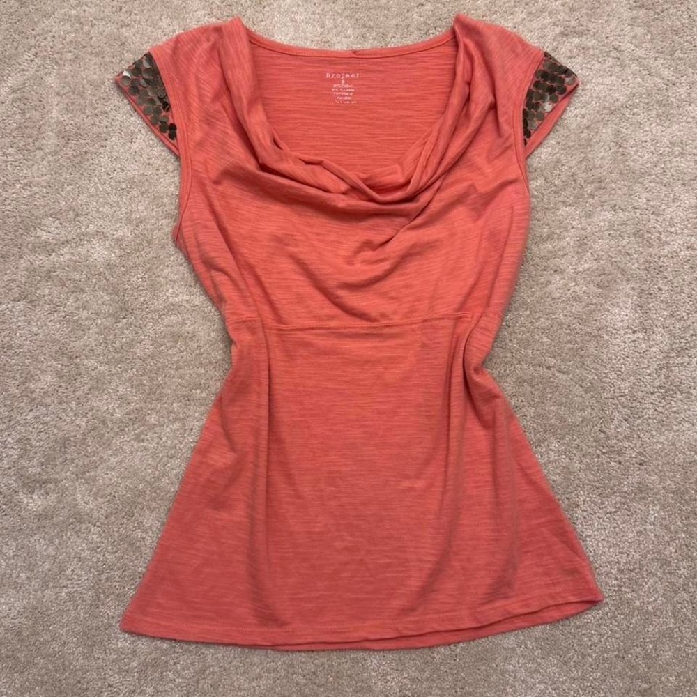 Y2K/Early 2000's Project Peach/Coral Cowl Neck  Bronze sequined Details Size S
